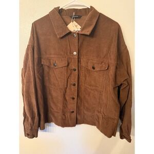 DOKOTOO Corduroy Shacket Jacket Brown Button‎ Front Women Long Sleeve Size L